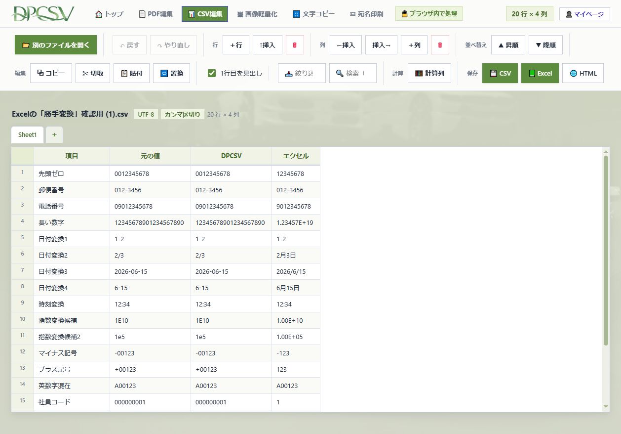 DPCsv（CSV編集）の画面。元の値、DPCSV、エクセルの3列で先頭ゼロや日付変換の違いを比べた表