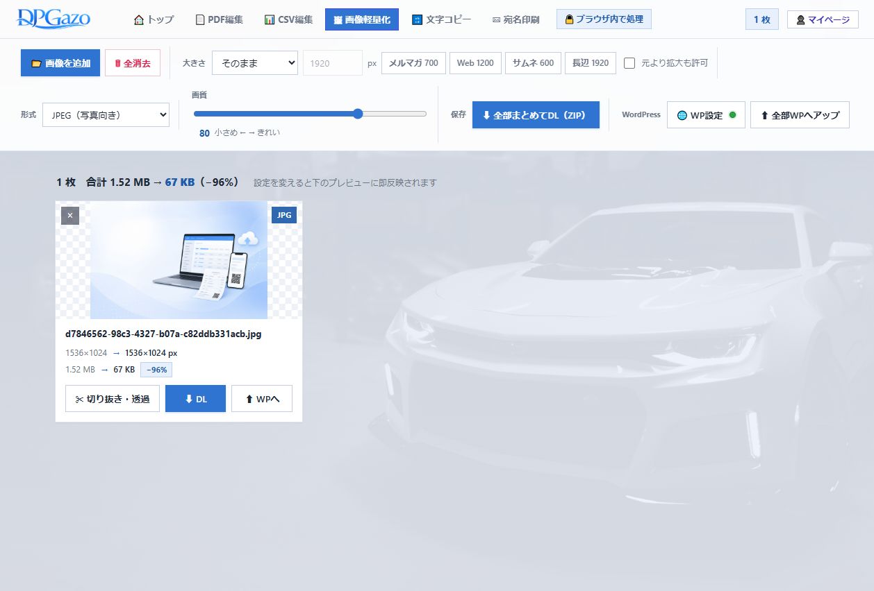 DPGazo（画像軽量化）の画面。1536×1024pxのJPEG画像を画質80で圧縮し、1.52MBから67KBへ96%削減した例